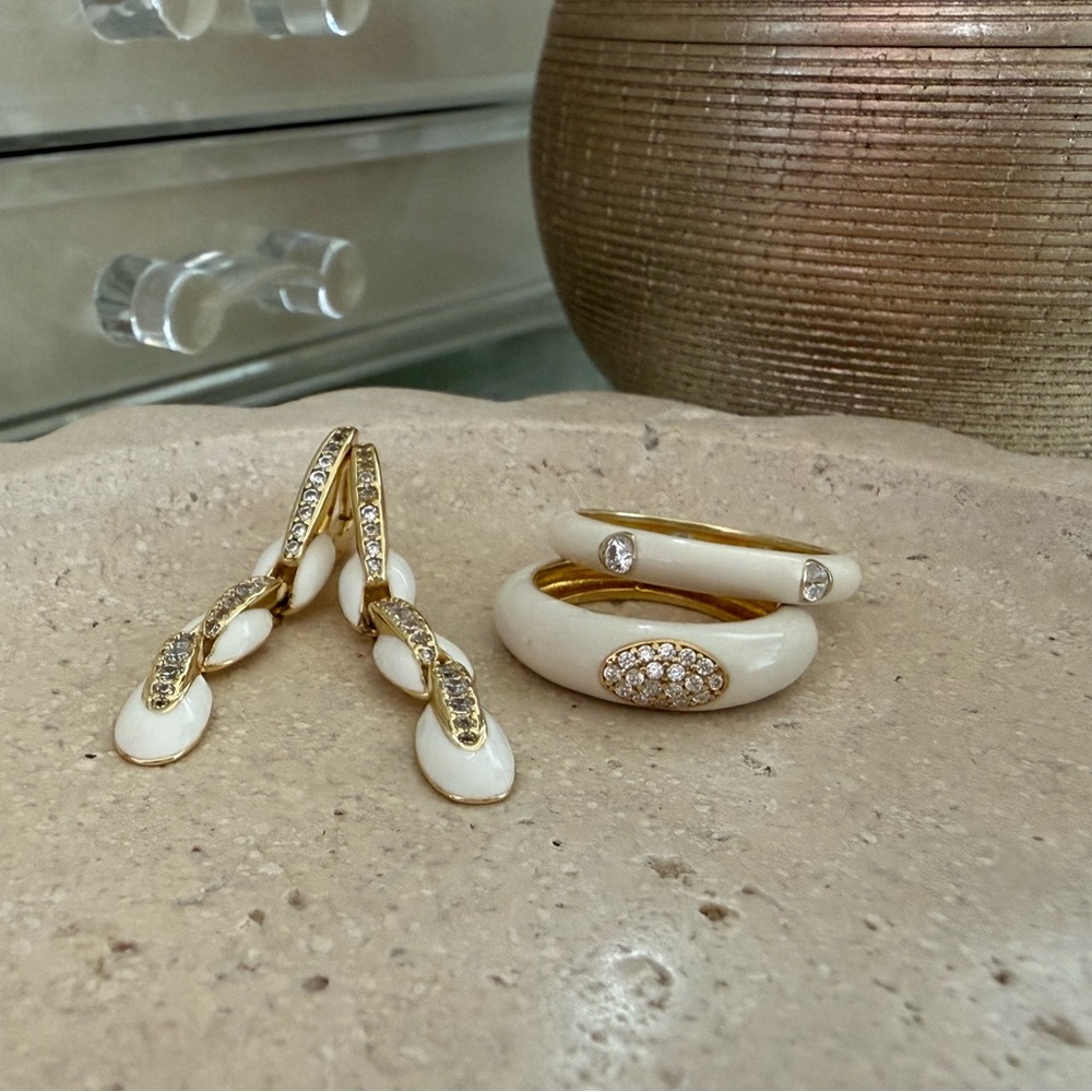 White Enamel, Gold Plated, CZ Earrings and Matching Rings